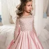 Girl Dresses Pink Satin First Communion Lace Grid Long-sleeved Flower Princess Dress Wedding Party Prom Ball Beauty Pageant Gown