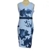 Casual Dresses Lady Three Quarter Sleeve Coat Set Elegant Dress Floral Print V Neck Sleeveless Sheath Midi med öppen