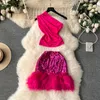 Work Dresses SINGREINY Sweet Women Fashion Suits Diagonal Collar Slim Tops Mini Sequins Fur Skirt Ins Club Party Sexy Two Pieces Sets