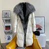 Lagabogy mulheres inverno grande real prata gola de pele de raposa 90% pato branco para baixo jaqueta longa grossa quente luxo parka feminino outwear 231226