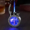 Retro Metal Windproof Blue Flame with LED LightEmitting Inflatable Lighter Outdoor Portable No Gas Lighter Cigarette Accessories