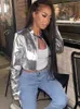 Silver Metallic Bomber Pu Faux Leather Jackets för kvinnor Autumn Streetwear Fashion Zip Up Croped Coats Outwear 231226