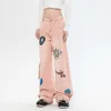 Design American OREETA | Trendy Brand Jeans Graffiti Print Pink Jeans Straight Cotton Jeans