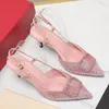 Full Colored Diamond New Designer Pointed Toe Stiletto Sandals Female Hollow Metal Buckle Baotou Leather High-heeled 8cm Wedding Shoes Top Quality