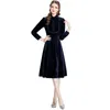 Casual Dresses Autumn Winter Runway Fashion Blue Red Velvet Midi Dress Women Bow Stand Collar Long Sleeve Lace Patchwork Slim Party Vestidos