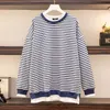 Women's Hoodies Sweatshirts New 2022 Spring Autumn Plus Size Tops For Women Large Loose Long Sleeve Blue Stripe Cotton Sweatshirt 3XL 4XL 5XL 6XL 7XL J231227