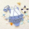 set Baby Girl Swimwear Bathing Suit Little Girl Suspender Swim Swimsuit Blue Stripes Bow One Piece Swimwear Toddler Bikinis