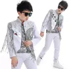 Стадия ношения хип -хоп танцевальная одежда для мальчиков с блестками кисточки для кисточки для заклепки костюмы джаз современные костюмы наряды DQS13876