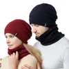 Berets Autumn Winter Men Hat Scarf Kit Wavy Knitted Stitching Pullover Cap Women Velvet Warm Ear Protection Skullies Beanies