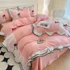 Conjunto de cama coreano seersucker princesa meninas rendas babados arco capa de edredão lençóis de cama duplo lavado algodão gêmeo rainha colcha 231226