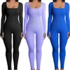 Combinaison de yoga de fitness ultra-mince pour femmes, tricotée côtelée solide, manches longues, col carré, vêtements de travail, combishorts de sport et de yoga 231227