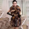 Kvinnor Real Fox Fur Long Vest Fashion Ladies Winter Sleeveless Belt Design Tjocka kläder Stor storlek RACOON Päls läder Jacketrea 231226