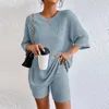 Kadınların Trailtsuits Pamuk Yaz 2 Parça Kıyafetler Mürettebat Boyun Bayanlar Örme Gömlek Top Şort Kısa Kollu Damla Damla Omuz Düz Renkli Uykum giysileri