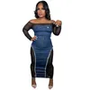 Werk Jurken Sexy Sheer Tweedelige Jurk Vrouwen Denim Patchwork Crop Top Wrap In Jean 2023 Winter Herfst Vrouwelijke 2 rok Set