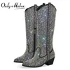 Onlymaker Donna Stivali alti al ginocchio neri con strass Stivaletti da cowboy occidentali Glitter trasparenti Stivali con tacco a punta lucidi e tacco largo 231226