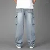 بنطلون جينز للرجال بحجم كبير من الجيوب السطحية الساقين سراويل سراويل جينز مستقيمة للهيب هوب