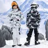 Детский зимний костюм, уличный водонепроницаемый ветрозащитный теплый костюм, зимняя лыжная куртка для сноуборда, брюки с ремешком для мальчиков и девочек 231227