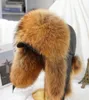 Chapéu de pele de raposa de prata genuíno com retalhos de orelha Capas de peles naturais reais para homens russos Capitais de bombardeiro Tapper com tampo real de couro 231227