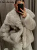 Mulheres casaco de pele turndown colarinho hight street manga longa bolso casacos curtos feminino 2023 inverno elegante engrossar senhora outwear 231226