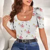 T-shirt da donna T-shirt con scollo quadrato Manica a sbuffo francese Top estivo con scollo a U a maniche corte Stampato in 3D Abbigliamento corto da strada aderente