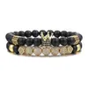 Strand ASHMITA 2 pièces 8mm couronne roi perles breloque Bracelet pour hommes femmes naturel noir mat Onyx pierre boîte cadeau emballage