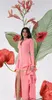 SONDR Pink Button V Neck Tiered Saudi Arabic Evening Dresses Pleats Satin Long Sleeves Dubai Formal Dress Women Prom Party Gowns 231227