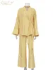 CLACIVE Casual Yellow Stripe Home Suits Eleganckie spodnie o wysokiej szerokości talii Zestaw Masowe koszule z długim rękawem Dwuczęściowy zestaw damski 231227