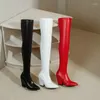 Bottes noires rouges blanches femmes sur le genou en cuir PU bout pointu carré talon haut dames longue mode robe à glissière