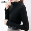 Suéteres de mujer, jersey de cuello alto Semi, ajustadas coreanas, prendas de punto básicas cálidas, suéter negro marrón para otoño, S-XL con botones para mujer