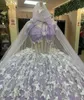 Quinceanera Abites Lavender Party Ball Abito da ballo A abito senza maniche Tulle Cipper Custom Up Plus Nuovi Appliques floreali 3D bianchi Sweetheart