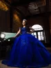 Quinceanera klänningar Royal Blue Party Prom Ball klänning ärmlös tyllanpassad dragkedja snörning plus storlek Nya 3D blommorapplikationer Applique pärlstav o-hals