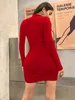 Long Sleeve Slim Bodycon Mini Dres Turtleneck Plissee Party Ruched Short Evening Club Outfit Soild Color 231227