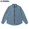 Streetwear Raw Edge Denim Jacket Mens Autumn Loose Washed Blue Casual Long Sleeve Lapel Outerwear Men 231227