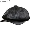 LA SPEZIA Black sboy Hats For Men Genuine Cowskin Leather Octagonal Cap Male Autumn Winter Fitted Vintage Duckbill Beret 231226