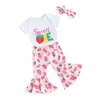 Ensembles de vêtements pour bébés filles, tenue avec lettres blanches brodées, barboteuse à imprimé fraise, bandeau, vêtements à manches courtes