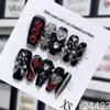 Handgjorda y2k Tryck på naglar Goth svart och rött återanvändbart limfånge med design fullt lock Långt kista akryl nagelips 231226