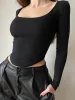 2023 Collier carré à manches longues Femmes décontractées T-shirts Green Automne Skinny sexy Solide Solid Crop Tops Fashion