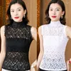 Women's Tanks Women Coral Flower Lace Sleeveless Detachable Collar Solid Color Mock Neck Half Shirt Blouse Scalloped Trim Slim Fitted