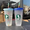 DrinkwareStarbucks Tasses 475 ml / 710 ml Gobelet en plastique Tasse à changement de couleur réutilisable Potable à fond plat en forme de pilier Couvercle Tasses en paille tasse d'eau décoloréeLT733