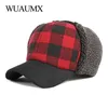 Wuaumx Winter Bomber Hats Men Thing Lossian Trapper Hat Earflap Baseball Cap Red Black Plaid WindProof Bomber Hat for Women 231227