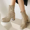 Luxury Sequined Women Ankle Boots Gold Silver Block Heels Short Boot Female Zipper Autumn Winter Party Shoes Ladies Large Size 231226