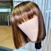 180D Short Cut P4/30 Highlight Straight Human Hair Wigs With Bangs Blonde Bob Bangs Wigs Brazilian Straight Full Machine Wigs 231227