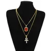 Bijoux Hip Hop pour hommes, chaîne en or, strass, croix rouge rubis, pendentif, collier, Set257H