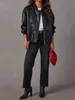 Jaqueta de couro feminina manga comprida com fecho de zíper jaqueta bomber legal com bolsos 231226