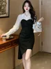 Casual Dresses 2023 Formal Dress for Wedding Woman Black Patchwork Long Sleeve Polo Collar Spring Autumn Luxury Elegant Party