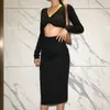 Jupes mode femmes élégant solide noir deux pièces ensembles manches longues haut court taille haute fente latérale correspondant Streetwear