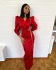Party Dresses Formal Red V Neck Long Puff Sleeves High Side Slit Floor Length Expose Waist Tassel Pleated Prom Evening Gowns