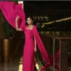 Elegant Fuchsia Evening Pageant Dress 2024 Cape Sleeve Square Neck Soft Satin Sheath Long Formal Party Prom Gowns Arabic Dubai Vestidos De Gala Robe De Soiree