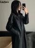 Lautaro Frühling Herbst Langer übergroßer schwarzer Leder-Trenchcoat für Frauen Schärpen Single Button Lose Stilvolle koreanische Mode 231226