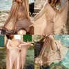 Kvinnors badkläder Kvinnor Summer Shiny Metallic Swimsuit Cover Up Open Front Tie Midja Sexig Sheer Kimono Cardigan Beach Maxi Dress